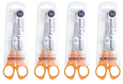 Korbond General Purpose Scissors 5 INCH - 4 Pack- Comfort Grip Professional, Household, Fabric, Crafting, Kitchen. AMBIDEXTROUS – for Right-& Left-Handed Users
