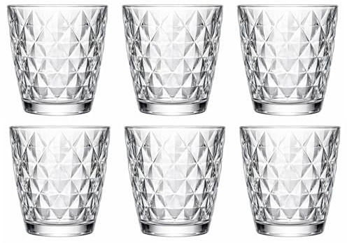 Pack 6 Vasos de Cristal 340 ml Apilables – Vasos Bajos Diseño Diamante, Cristal Grueso y Resistente – Aptos Lavavajillas, No Pierden Brillo – Para Agua, Whisky, Refrescos y Cócteles