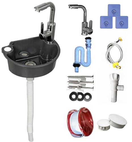 Kunststoff Waschbecken Set mit Armatur, Wandmontage Halbkreis Waschbecken mit Warm und Kaltwasserhahn Abfluss und Zulaufschläuchen Komplettset für Bad Garten Camping (Grau)
