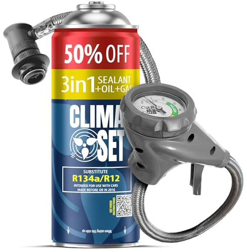 CLIMASET - Kit de Recarga de Aire Acondicionado para Coche - 3 en 1 sustituto R134a + Manguera - para vehículos de 1994 a 2016, Manguera Moderna y fácil de Usar, manómetro