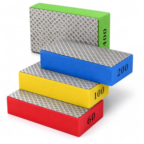 4 PCS Diamond Hand Polishing Pads, Foam Backing Sanding Blocks | 60# 100# 200# 400# Grit for Tile, Glass, Stone, Marble, Granite and Ceramic Polishing