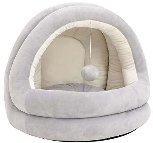 Teenpull Katzenbett kuschelhöhle 40x40x35 cm Grau und Creme, weiches Fleece und PP-Baumwolle, rutschfestes katzensofa mit Hängeball, kompakter katzenschlafplatz für entspannung und rückzugsort