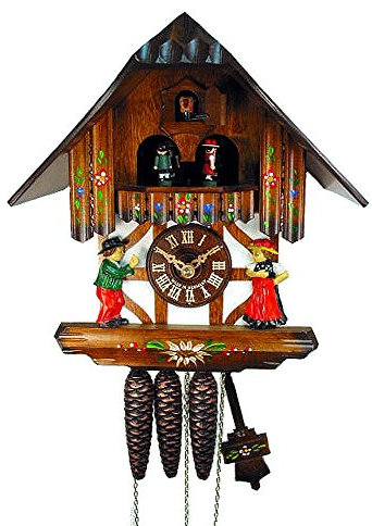 Schwarzwälder Kuckucksuhr Schwarzwald-Haus (original, Zertifiziert), 1-Tag-Werk, mechanisch, Musik, Tanz-Figuren, Gutach-Tracht, 27 cm