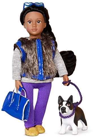 Lori Puppe Ilyssa und Hund Indigo – Mini Puppe 15 cm mit Puppenkleidung und schwarzen langen Haaren, Tasche, Sonnenbrille – Spielzeug für Kinder ab 3 Jahre