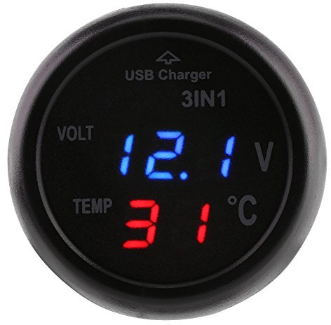 Qiilu Zigarettenanzünder USB, Auto LKW 3in1 Dual LED Digital Display Voltmeter Thermometer Zigarettenanzünder USB Auto Ladegerät(Blau+Rote)