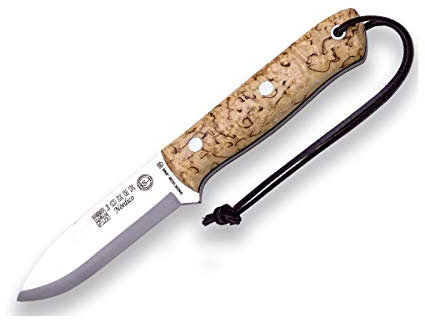 joker Coltello da caccia CL115-P con mango di legno di betulla riccia e lama di 10 cm di acciaio Sandvik 14c28n, 195 gr, include custodia in pelle per la Pesca, l'Escursionismo, Il Campeggio