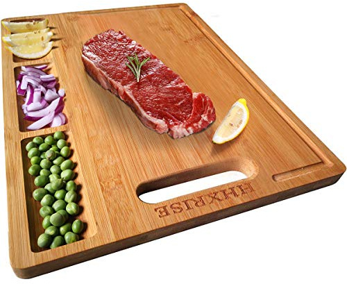 Cutting Boards for Kitchen - Bamboo Chopping Board Built-In 3 Compartments & Juice Grooves - Serving Tray for Meats Vegetable Fruits - Butcher Block, Carving Board (15.2 x 10.5'')