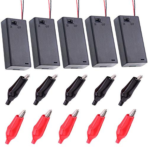 Her Kindness 5 Pièce 2 x AA 3V Plastique Batterie étui de Rangement avec Interrupteur 0N/OFF et 10 Pièce Pince Crocodile