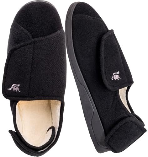 EUROPEAN SOFTEST Men's Diabetic Slippers with Adjustable Closure, Premium Memory Foam, Extra Wide Comfy Warm Plush Fleece Arthritis Edema Swollen Diabetic House Shoes Machine Washable Anti Slip Sole