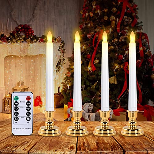 cimetech Flamless Taper Candles Candele senza fiamma tremolanti Set di 4, Candele elettriche a batteria con timer e telecomando, Fiamma danzante a stoppino mobile realistica