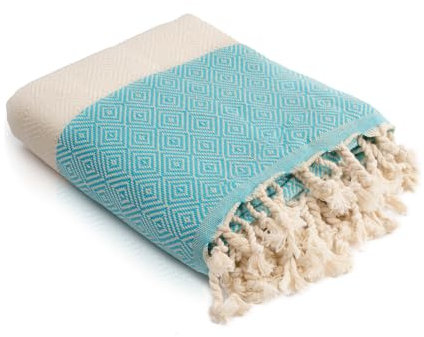 HolyDays® Strandtuch XXL 100x180cm aus 100% Baumwolle Oeko-TEX® | Hamamtuch | Badetuch | Saunatuch | Peshtemal | Fouta | Picknickdecke | groß | saugstark | extra leicht | Damen | Herren (Türkis)