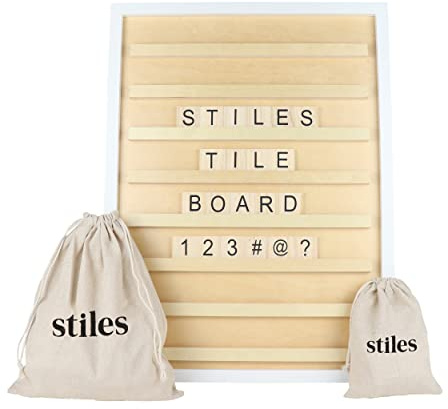 Stiles 23x17 Tile Letter Board Sign Set, Wooden Message Board with 122 Letter Tiles and Numbers, Changeable Letterboard for Menu, Milestone, or Baby Announcement Sign, Natural