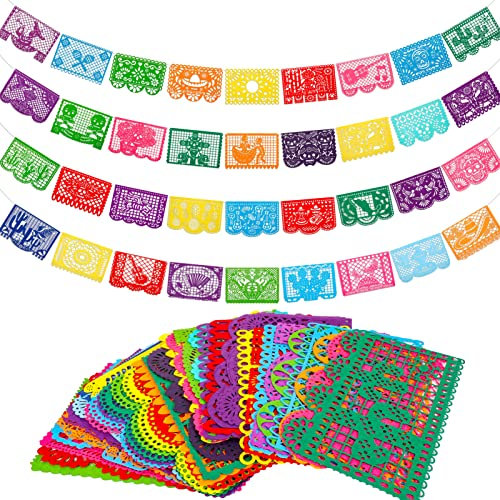 Qpout 4pcs Mexicain Fiesta Party Feutre Bannière Cinco de Mayo Fiesta Bannière Dia De Los Muertos Jour des Morts Fiesta Papel Picado Suspendus Cino de Mayo Décorations de Fête 4 Modèles Différents