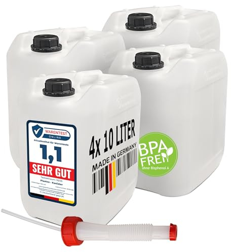 plasteo® 4 bidones de agua para bebidas de 10 l, DIN 45, con boquilla flexible, sin BPA, apto para alimentos, fabricado en la UE, aprobado por la ONU, portátil, interior y exterior