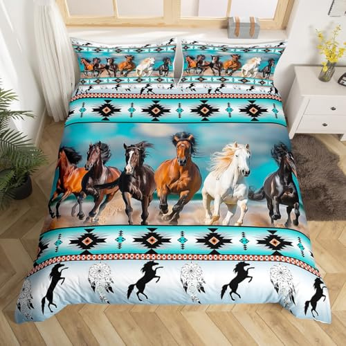 Erosebridal Horses Duvet Cover Teal Southwestern Native Aztec Bedding Set,Western Animals Comforter Cover Ethnic Tribe Feather King Bed Set,Bohemian Dreamcatcher Vintage Exotic Room Decor