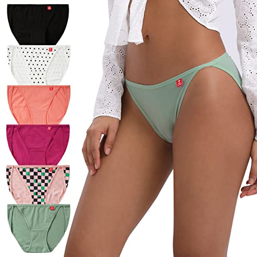 INNERSY Bragas Bikini Mujer Algodon Hipster Braguitas Pierna Alta Ropa Interior Deportiva 6 Pack (S, Lunares+Cuadros+4 Lisos)