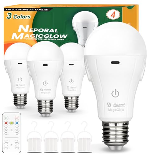 Neporal MagicGlow Rechargeable Light Bulbs with Remote, 3 Color Shift + Dimmable Battery Powered Light Bulbs, USB Rechargeable, A19 Emergency LED Light Bulb, 15W (3000-6000K, Count, 4.0)
