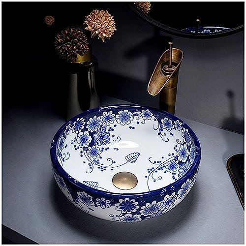 ZTGL Waschbecken Waschtisch 35x14 cm aus Keramik Rund Blau und Weiß Porzellan - Aufsatzbecken Aufsatzwaschbecken Handwaschbecken Aufsatzwaschtisch Spülbecken Becken Waschschale