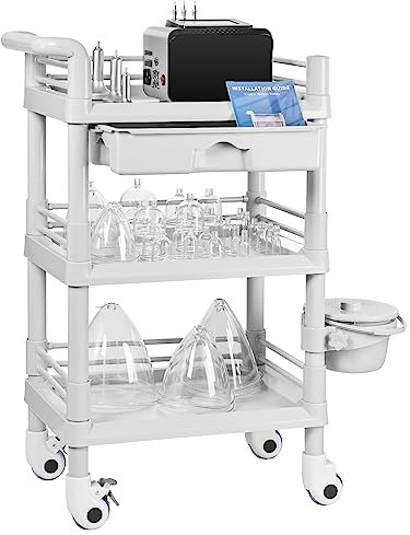 Iklestar 3-Etagen Trolley Cart mit Eimer und großer Schublade, multifunktioneller Servierwagen für Schönheitssalon/SPA/Büro/Klinik/Zuhause, 360° drehbare leise Räder