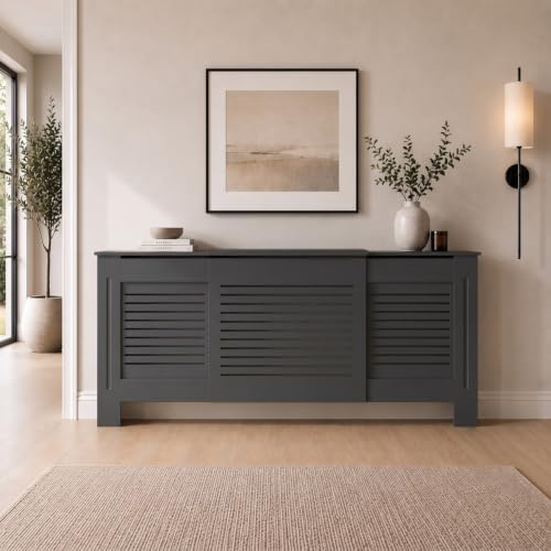 DuraTherm® Radiator Cover Anthracite Grey Painted Modern Horizontal Slat Shelves MDF Cabinet Shelf for Radiators, Living Rooms, Bedrooms, Adjustable
