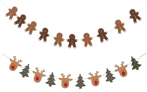 Weihnachtsbanner,2 Sätze Hirschkopf und Bäume Lebkuchenmann Weihnachtsdekoration, Weihnachtswimpel Flaggen für Weihnachtsparty Zubehör (A)