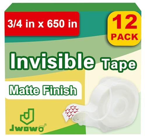 JWOWO Tape, Invisible Tape Rolls with 12 Dispensers, Home Office Supplies and Back to School Supplies for College and Classrooms, Matte Finish, 3/4 in x 650 in