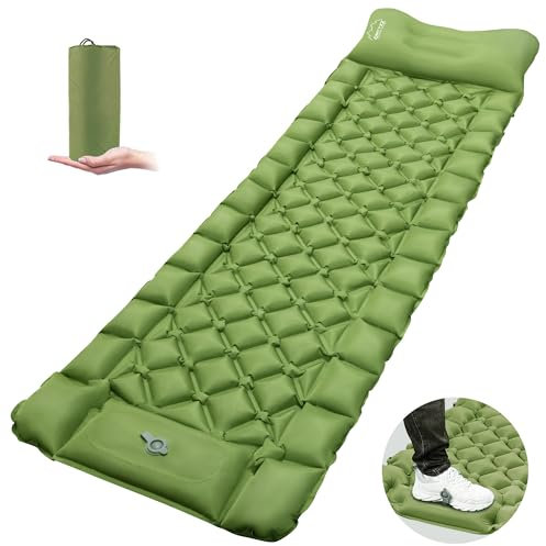 ONTYZZ Materassino Gonfiabile Campeggio Portatile Materassini Autogonfianti con Cuscino e Piede Pompa a Pressione Anti-ripstop Ultraleggero Materasso D'aria per Salvaspazio (Verde)