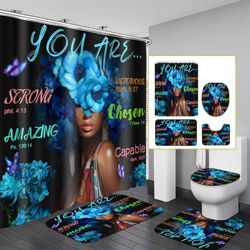 Omebero Black African Flower Woman Shower Curtain Set, Blue Art Words Bathroom Set with Shower Curtain and Rugs, Toilet Lid Cover, Bath Mat,Waterproof Fabric Shower Curtains and Hooks for Bathroom