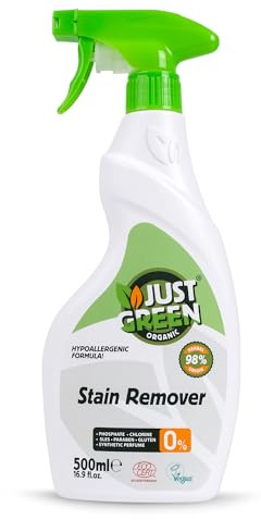 JUST GREEN ORGANIC Stain Remover Spray, Plant-Based Laundry Stain Remover, Non-Toxic, Hypoallergenic, EcoCert Certified, Vegan, Safe for All Fabrics & Colors, 16.9 fl oz (500 ml)
