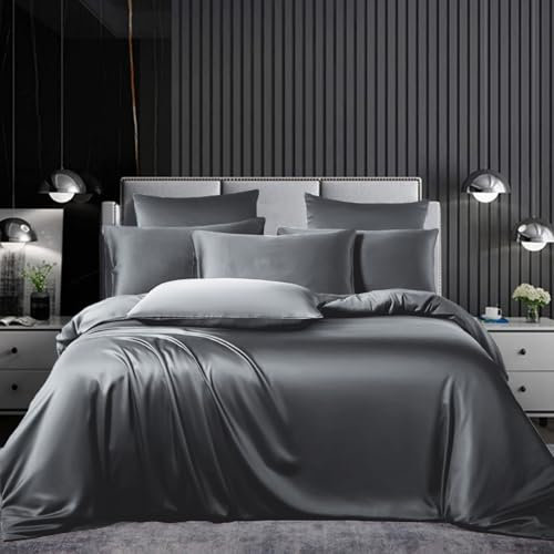 Bettwäsche Set Satin 200x220cm 3teilig Grau Anthrazit Dunkelgrau Silky Touch Glänzend Seide Bettbezug Glatt Luxus Bettwäsche Set weicher Doppelbettmit Reissverschluss und Kissenbezüge 80x80cm
