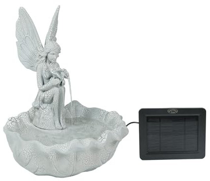 ZMG Fata degli angeli ad energia solare, fontana da 35,6 cm con pannello solare e pompa, decorazione da giardino in resina resistente per giardini, terrazze, balconi, prati, grigio