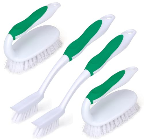 HileSwan Scrub Brush Set, 4 Pack Deep Cleaning Brush Kit - 2 Scrub Brush, 2 Tile & Grout Brush with Built-in Scraper, Household Commercial Scrubber for Floor, Shower, Pool Wall, Tub (Green)
