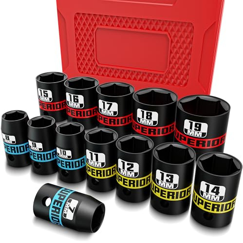 KIRXST 3/8 Inch Drive Impact Socket Set, 13 Piece Shallow Sockets 7-19 mm, Metric Socket Set for Automotive Trucks Tractors Engines Repairing DIY Mechanic Tool