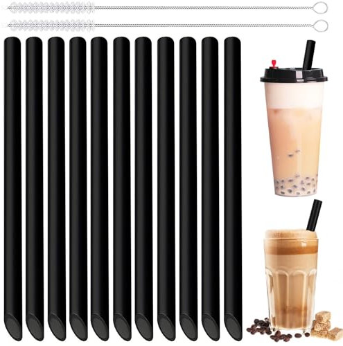 Addein Bubble Tea Paille Noir, 20 Pailles Réutilisables avec 2 Brosses de Nettoyage, Extra Larges 10mm Design Pointu, pour Smoothie, Thé à Bulles, Milk-shake