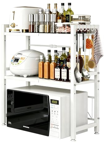 KEBMCHN Étagère à Micro-Onde Cuisine Rangement Extensible, 2 Niveaux, Blanc | pour Four, Machine à Café et Rangement, avec Crochets, 40-63 cm, Charge 75 kg