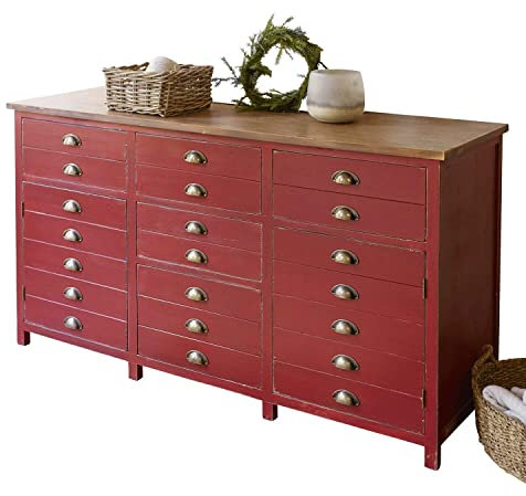 Loberon Kommode Benice, Antik-Finish mit Shabby-Note, Viele Schubfächer & Ablageflächen Hinter Zwei Türen, Kommodenschrank, Tannenholz, Kiefernholz, Eisen, antikrot