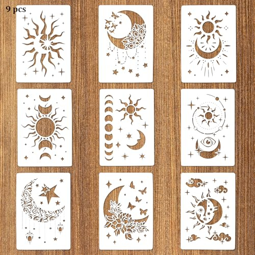 Qianyu Lot de 9 pochoirs réutilisables pour peinture, soleil, étoile, lune, carrelage, murs, sol, loisirs créatifs, décoration d'intérieur, style rectangulaire