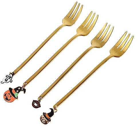 COLLBATH 4pièces Fourchettes Inoxydable Avec Pendentifs Halloween De Fourchettes à Dessert Chat Citrouille Dent De Monstre Fantôme Pour Cafés Et Fêtes