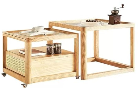 JAVYPPT Fyrkantigt kapslat soffbord set med 2, modernt glasbords set, trärobust sidobord för vardagsrum, sovrum, vardagsrum