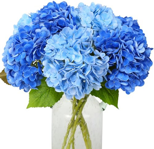 JUSTOYOU Hydrangea Flowers Artificial,4 PCS Double Colour Single Long Stem Realistic Hydrangea Flowers, 19.6Inch Large Real Touch Fake Hydrangea Bouquets for Wedding Home Party(blue and deep blue)
