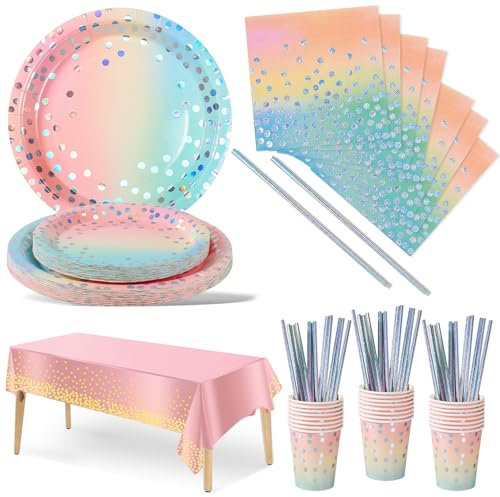 Nkaiso 126 Pezzi Arcobaleno e argento Stoviglie per Feste, Festa Decorazioni Set Include Piatti di Carta Tovaglioli Tazze di Carta Cannucce Tovaglia,per Nuziale Matrimonio,Compleanno -25 Ospiti
