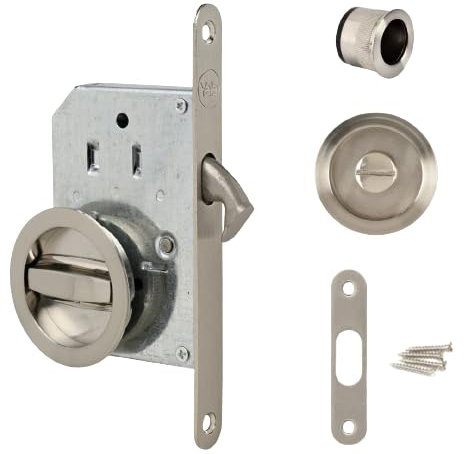 Yale Kit serratura per porta scorrevole, serratura a condanna e manici rotondi incassati, diametro interno maniglie 48 mm, acciaio finitura nichelata spazzolata, incluso tiratappo, vite