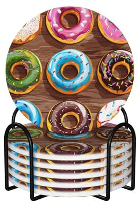 Set di 6 sottobicchieri colorati con ciambelle in stile cartone animato stampato, sottobicchieri in ceramica assorbente con supporto in metallo nero, per la decorazione di casa e ufficio
