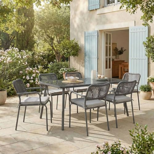 IDIMEX Gartenmöbel Set VOLONTE 1 Tisch 6 Stühle, Grau – Wetterfeste Sitzgruppe mit Glasplatte & Rope-Bespannung für Garten Terrasse Balkon