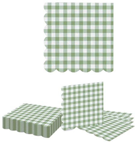 Kotkiddy 20 Unidades de servilletas de Cuadros Verdes, servilletas Desechables Verde Salvia con Borde Ondulado para Fiestas de bebé, cóctel, Picnic, Boda