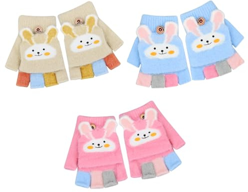 Bekecidi 3 pares de guantes sin dedos para niños, guantes térmicos convertibles cálidos de invierno, guantes térmicos de punto de medio dedo, guantes de dibujos animados para niñas y niños de 4 a 10
