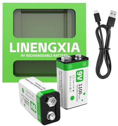 LINENGXIA 9V 1100mAh Lithium Rechargeable Batteries (2-Pack Green) with Type-C Cable | 1200 Life Cycles | Overcharge/Short-Circuit Protection | Constant Voltage for Smoke Detectors (9V)