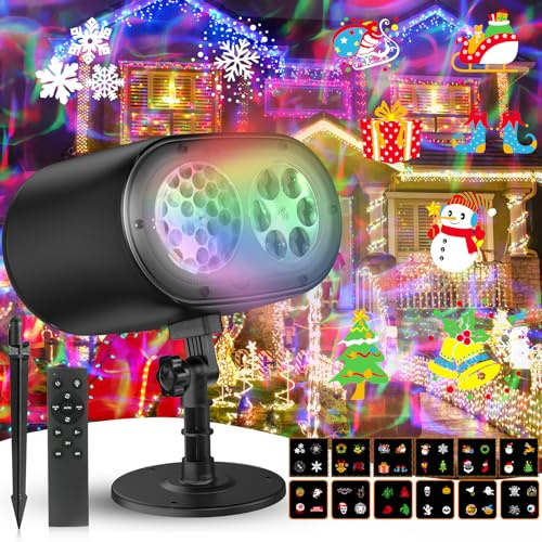 Christmas Projector Lights Outdoor, 2-in-1 Moving Patterns Landscape Lightswith Remote and 12 HD Effects (3D Ocean Wave & Patterns) Projection Light for Xmas Halloween Party Yard Decor