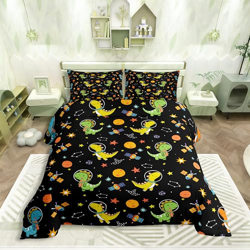 Homewish Dino Kinder Bettwäsche 155x220cm Cartoon Tiere Dinosaurier Weltraum Jungen Bettbezug Niedliche Planeten Dino Bettwäsche Fantasy Universum Bettwäscheset Sterne Sonne Stern Bettset Mikrofaser