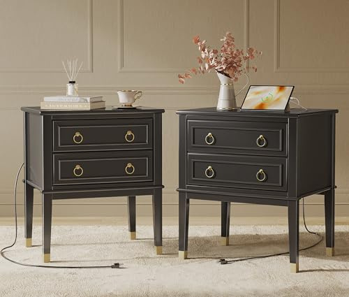 Huuger 27.6 Inch Tall Nightstand with Charging Station, USB-C Port | Larger Night Stand Set of 2, Bedside Table with 2 Drawers, 11.4 Inch Raised Legs, Side Tables End Tables, for Bedroom, Black